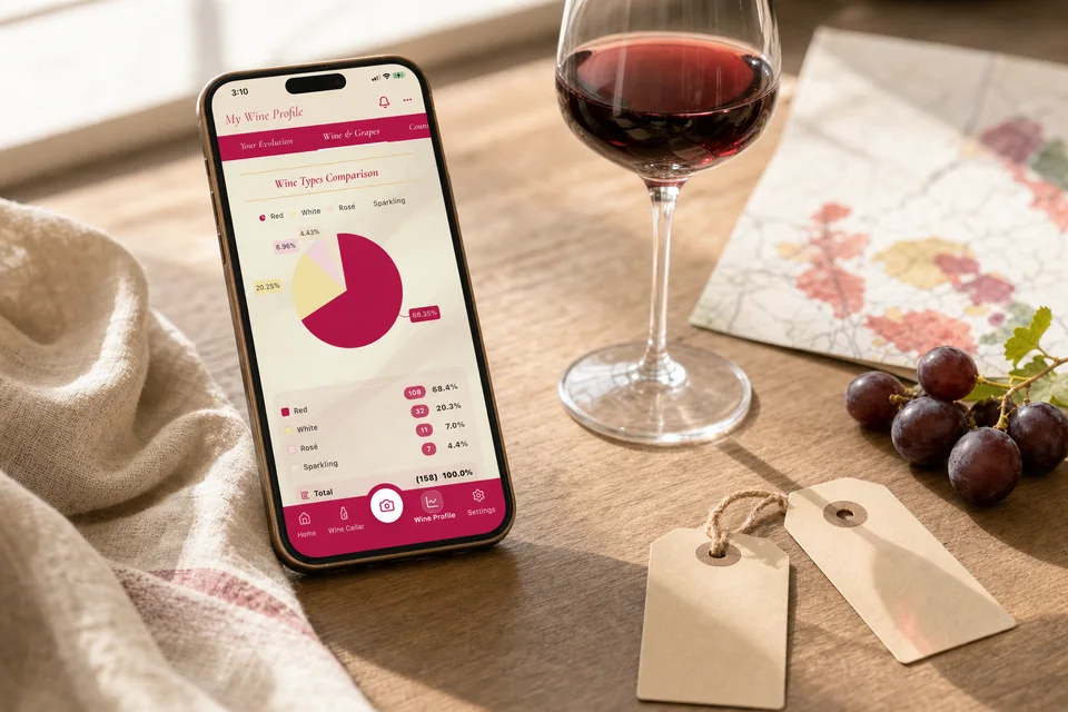 Real Enolisa screens showing wine statistics and the wine profile
