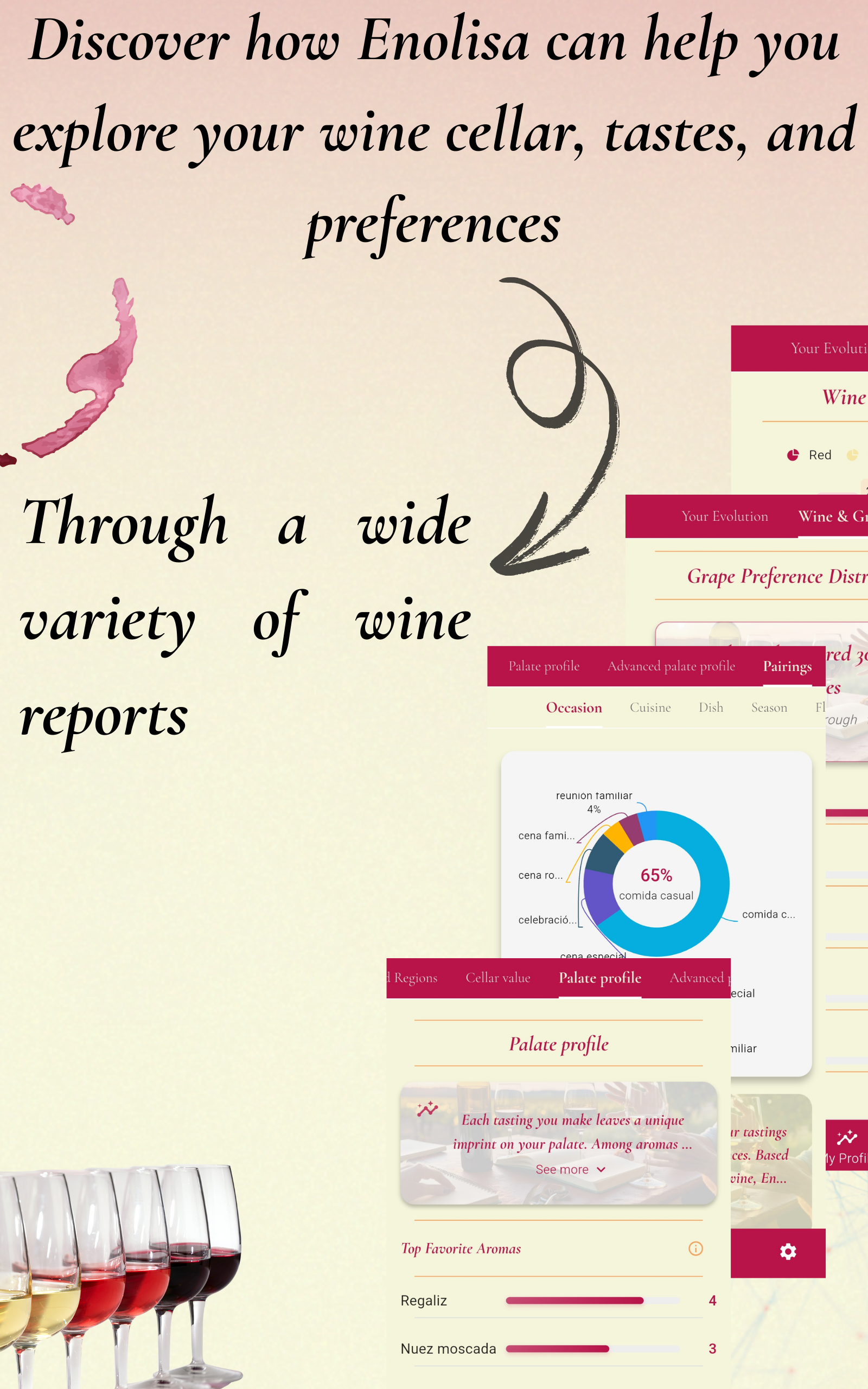 Discover how Enolisa can help you explore your wine cellar, tastes, and preferences — Through a wide variety of wine reports